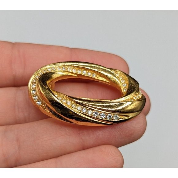Christian Dior Signed Gold Tone Clear Rhinestone Open Oval Vintage Pin Brooch - Picture 3 of 9
